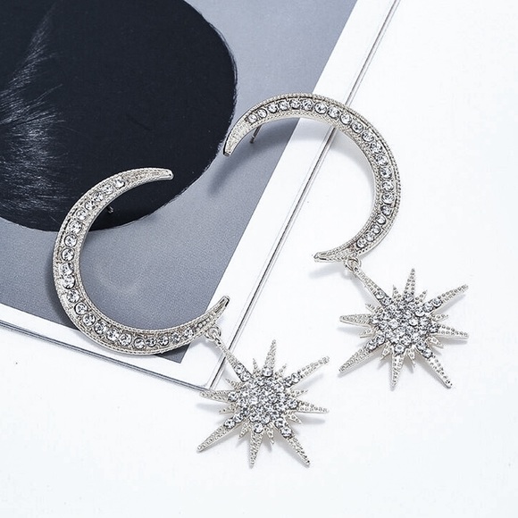 Silver & Crystal Crescent Moon w/Star Earrings - Picture 2 of 7